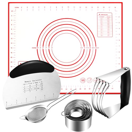 Biscuit Cutter Set, 9 Pcs Stainless Steel Pastry Blender Set with Pastry Cutter, Biscuit Cutter, Dough Cutter, Baking Mat and Fine Mesh Strainer, Biscuit Cutters for Baking, Cooking, Cookies, Donuts