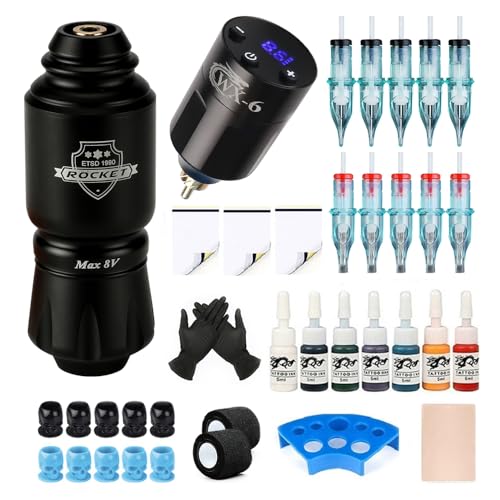 Tattoo Gun Kit Rocket Mini Tattoo Machine Pen Set 1300mAh Rechargeable Battery Wireless Power Supply Permanent Makeup Tool Tattoo Machine Kit Complete (Black)