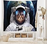 Ambesonne Space Cat Tapestry, Astronaut Cosmonaut Suit Kitty with Planet Earth Backdrop in Galaxy, Wide Wall Hanging for Bedroom Living Room Dorm, 80" X 60", White Green Dark Blue