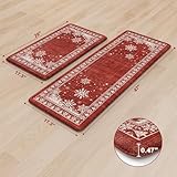 KIMODE Christmas Kitchen Mats for Floor Anti Fatigue, Boho Red Snow Kitchen Rugs Sets of 2, Memory Foam Kitchen Mats for Floor, Christmas Kitchen Decor for Sink Laundry Office Desk 17"x47"+17"x29"