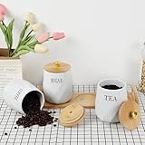 OGANAZI 3 Pack Ceramic Canister Set with Bamboo Lids and Handle Tray, Coffee Tea Sugar Container Set, White Ceramic Storage Jar Kitchen Canister for Countertop