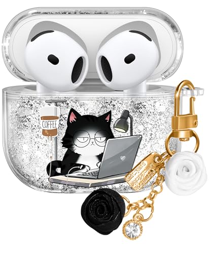 Kokaaee for Apple for Airpods 4 Case 2024 - Quicksand Liquid Animal Kawaii Cute Fun Funny Mujer Girl Women Sparkling Sparkle Glitter Bling Sparkly Black Cat Keychain Girly for Airpod 4 Case Cover