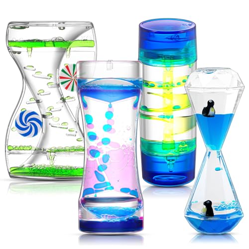 Equsion 4 Pcs Liquid Motion Bubbler Timer Sensory Toy Hourglass Desktop Fidget Calming Toys for Kids and Adults Relaxation Autism Calming Oil and Water Tools for Fidget ADHD Stress Management