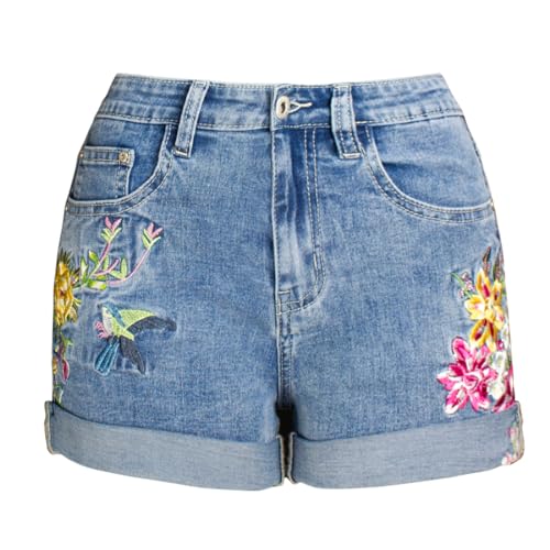 Women's Vintage Floral Embroidery High Waist Roll Up Denim Shorts Light Blue 6