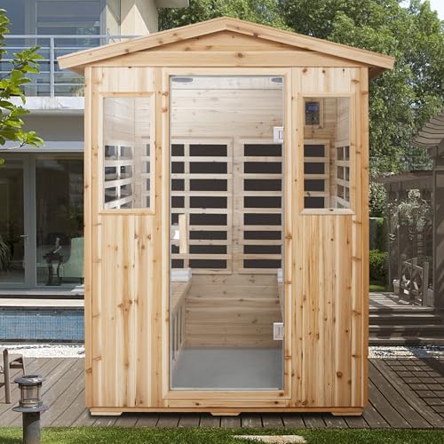 YOPTO Outdoor Infrared Sauna, 4 Person Sauna for Home with 2 Windows and Tempered Glass Door,2050W Fir Wood Sauna Room with 8 Heating Panels,Bluetooth Speakers and LED Reading Light, Natural