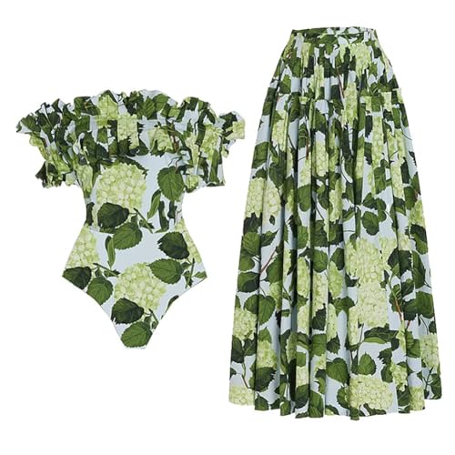 IBAKOM One Piece Swimsuit for Women with Matching Swim Long Skirt Sexy Push Up Bathing Suits Two Pieces Bikini Set Flattering Cheeky Swimwear Cover Up Skirt High Cut Swimsuit Green Flower (2PCS) M