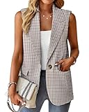 Fall Vest Blazer for Women Plaid Houndstooth Tan Oversize Tops Jacket Business Casual Womens Work Outfits Clothes Top Vests Blazers KG L