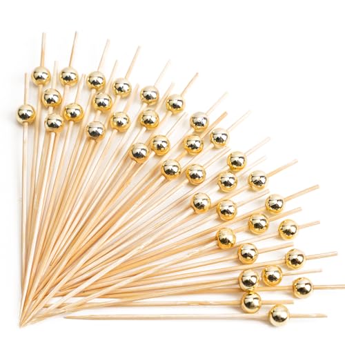 PuTwo Handmade Cocktail Picks 100 Count Sticks Wooden Toothpicks Party Supplies - Gold Pearl
