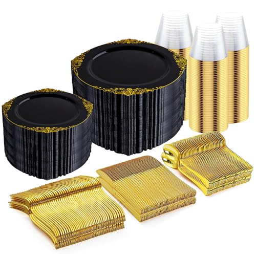 Nervure 600PCS Gold Plastic Dinnerware - Black and Gold Disposable Plates for 100 Guests - 200 Gold Disposable Plates, 300 Gold Plastic Silverware, 100 Cups for Wedding & Party