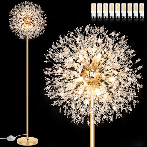 BesLowe 69'' Crystal Floor Lamp for Living Room, Modern Standing Lamp with 738PCS K9 Crystals, Tall Lamp Pole Light for Bedroom Office, Mid Century Gold Floor Lighting with 9 LED Bulbs, Antique Brass