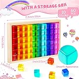 Meooeck 60 Pcs Acrylic Gem Cubes Blocks Translucent Rainbow Building Cubes Crystal Educational Sensory Training Stacking Toys with Wooden Storage Boxes School Supplies Birthday Gift