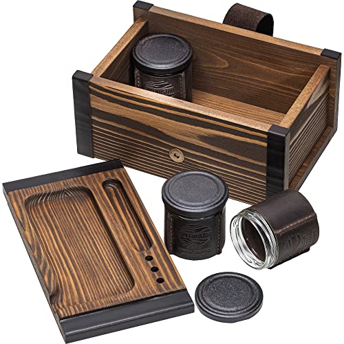 SPLENDSTOR Large Kit - Wooden Storage Box with Decorative Tray & Pack of 3 UV Blocking and Airtight Glass Jars for Herbs/Accessories - Unique Portable Men Gift Set