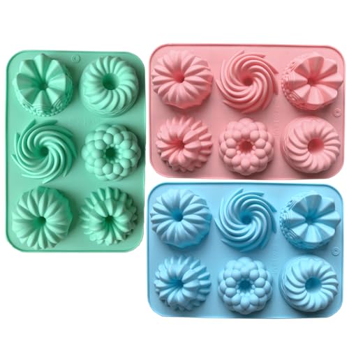 3pcs Silicone Donut Baking Molds,Multicolor Doughnut Pans,6-Cavity Designs Donut Flower And Swirl Shaped,Suitable for Crafting Delectable Desserts