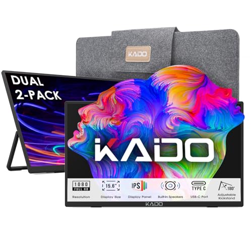 Kado Dual Portable Monitor Setup - 2-Pack 15.6" FHD Portable Monitor for Laptop, 1920x1080 IPS HDMI USB Type-C Laptop Screen Extender Built-in Speakers, Stacked Desk Setup Office Gaming Daytrading