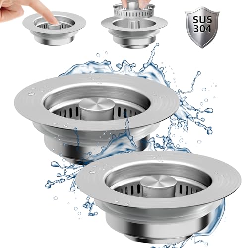 NinjaTiger Kitchen Sink Drain Strainer - 2-Pack 3-in-1 Stainless Steel Kitchen Sink Stopper Pop-Up Sink Drain Strainer Basket Kitchen Sink Strainer Stopper Filter for US Standard 3-1/2 Inch Drain