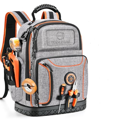 Tool Backpack Bag, Durable Electrician Backpack Tool Bag for HVAC with Waterproof Molded Base, Construction Work Heavy Duty Tools Organizer Bags with Combination Lock Large - Grey