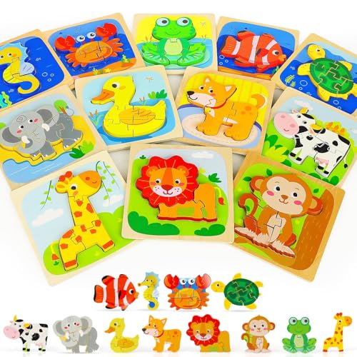 TOY Life Wooden Puzzles for Toddlers 1-3, Animals Toddler Puzzles, Puzzles for Toddlers 2-4, Wood Puzzles Educational Montessori Toys Gifts for 1 2 3 Year Old, Baby Puzzles 12-18, Kids Learning Toy