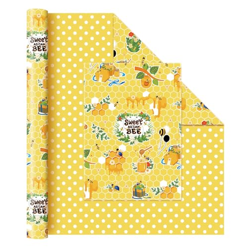 WERNNSAI Bee Wrapping Paper Jumbo Roll - 1 Roll 17”x 33 ft Honey Bee Gift Wrapping Paper Honeycomb Packing Paper for Kids Birthday Party Decoration Favor Supply, Polka Dot Reversible Yellow