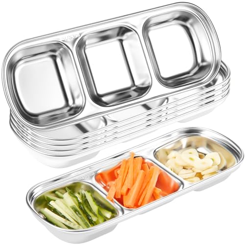 Maxcheck 6 Pcs Soy Sauce Dish Stainless Steel Divided Dip Bowls Korean 3 Compartment Sauce Plate Seasoning Dipping Condiment Tray for BBQ Vinegar Spice Salt Sugar Flavor Home Restaurant (Silver)