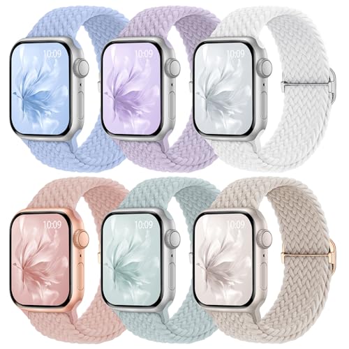 6 Pack Braided Stretchy Bands Compatible with Apple Watch Band 38mm 40mm 41mm 42mm 44mm 45mm 46mm 49mm Women Men, Adjustable Nylon Solo Loop Elastic Straps for iWatch Series 10 9 8 7 6 5 4 3 SE Ultra