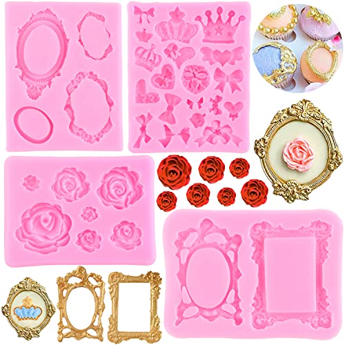 ZiXiang Vintage Frame Cupcake Fondant Mold Crown Silicone Mold Photo Frame Silicone Mold Bows Rose Flower Fondant Mold For Cake Decorating Cupcake Topper Chocolate Candy Polymer Clay Set Of 4