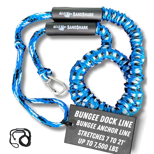 SandShark Premium Anchor Bungee Dock Line. Boat Accessories Anchor Line Absorbs Shock to Anchors and Docks w/Stainless Steel Clip - Blue - 7-21ft