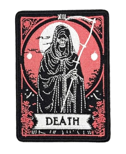 4" Death Card Iron On Patch | Embroidered Horror Halloween Tactical Morale Goth Vintage Rock Gothic Applique Appliques Iron On/Sew On Patches for Clothing, Backpacks, Hats, Jackets, Clothes