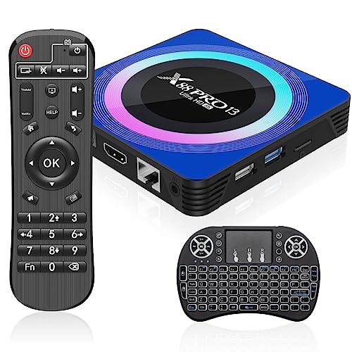 Android 13.0 TV Box, X88 PRO 13 Android Box 4GB RAM 32GB ROM Quad Core 64bit with Backlit Mini Wireless Keyboard,Supporting BT5.0 2.4G /5G Dual-Band WIFI6 8K Ultra HD Resolution Android TV Box 2024