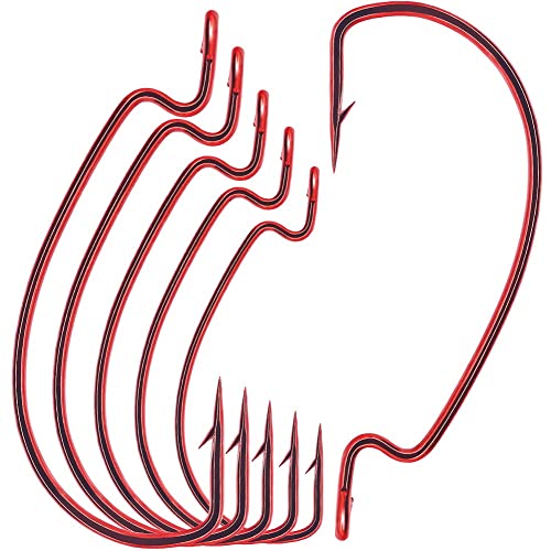 Offset-Worm-Hooks-for-Bass-Fishing-Rubber-Worms-Ewg-Wide-Gap-Bass-Hooks Freshwater Texas Rig Soft Plastics Worms Bait Fishing Hook Black Red Colored 1/0 2/0 3/0 4/0