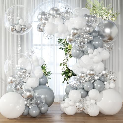 White Silver Balloon Arch Kit,145pcs Silver White Grey Balloons Wedding Engagement 2025 Graduation Decorations 25th Anniversary Decorations Birthday Party Baptism Communion Balloons