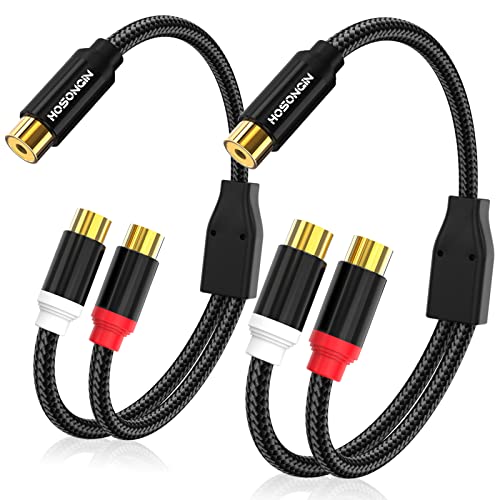 HOSONGIN RCA Y Splitter 1 Female to 2 Female Audio Cable 2 Pack, Black Cotton Braided Jacket Gold-Plated Plug Premium Shielded Audio Cable, Length 12 inch