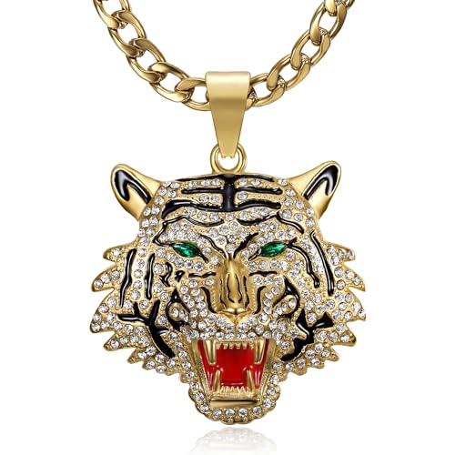 CJiePeiC CZ Fully Roaring Tiger Head With Green Red Eyes Pendant Punk Rock Stainless Steel Necklace, 24 Inch 7mm Chain For Men Hip Hop Animal Jewelry-I'm the King