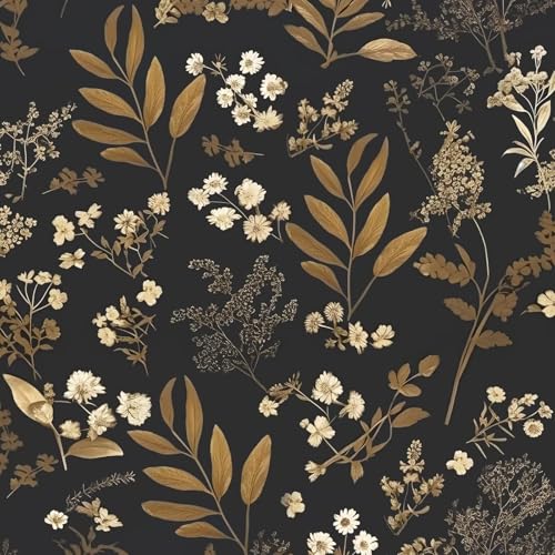 Laatse Vintage Wallpaper Peel and Stick Dark Floral Wallpaper 17.5'' x 393'' Gold Leaf Contact Paper Vinyl Waterproof Self Adhesive Boho Botanical Wall Paper for Bedroom Cabinet Décor