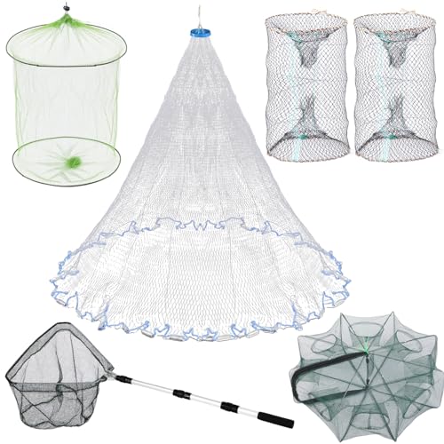 Relaxgiant 6 Pcs Fishing Net Trap Portable Folded, Crab Trap Minnow Trap, Fishing Landing Net with Telescoping Pole Handle, Casting Net Bait Trap with Heavy Duty Sinker and Storage Bucket