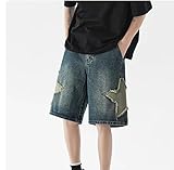 POHADON Y2K Blue Denim Shorts Summer Casual Loose Straight Leg Unisex Baggy Jeans Shorts Jorts Grunge Harajuku Streetwear (Star Patch,M)