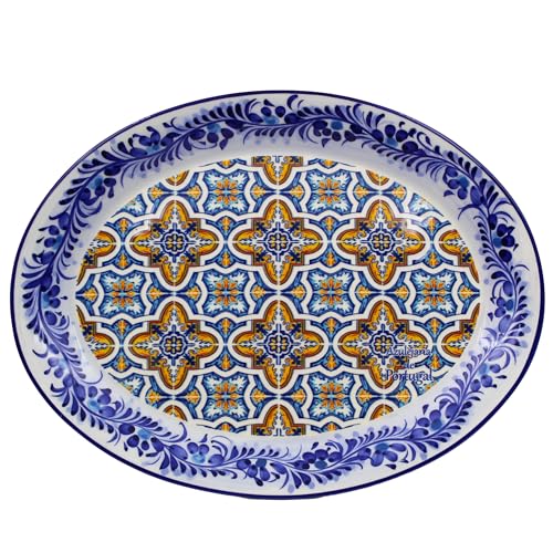 Portugal Ceramic Oval Platter - Traditional Blue and Orange Tile Azulejo Floral Design - Handcrafted, Made in Portugal - Unique and Versatile Serving Dish