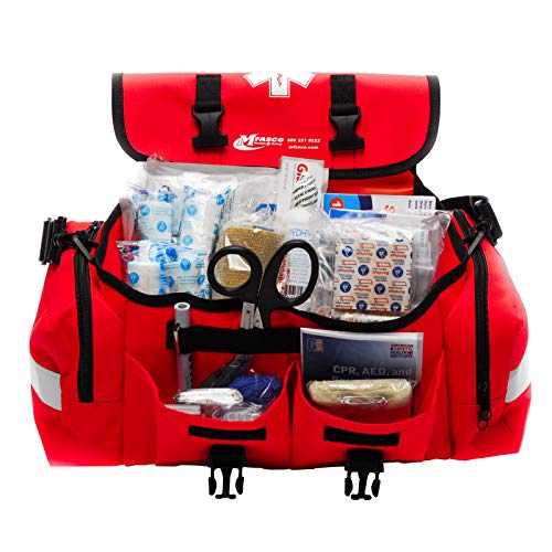 MFASCO First Aid Kit - Fully Stocked Portable Reflective Bag -First Responder Emergency Response Kit -for Natural Disaster Preparedness - Customizable Storage -Includes 415 Pcs First Aid Supplies- Red