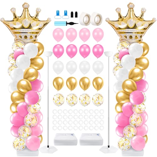Kasyat 2 Sets Princess Party Balloon Column Stand Kit with 2 Crown Foil Balloons 100 Latex Balloons, Adjustable Stands Pink and Gold Balloon Stand Kit for Baby Shower Birthday Party Supplies