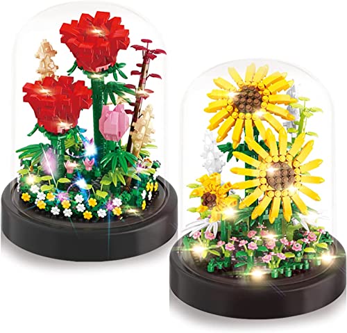 2 Flowers Bouquet Sunflowers - Rose Building Kit Not Compatible with Lego, Creative Bonsai Tree Succulents Plant Blocks with LED Light, Botanical Collection Home Office Decor Ideal Gift for Kid