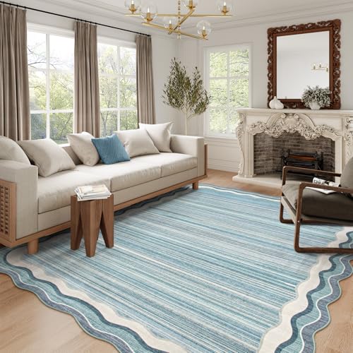 Lahome Scalloped 8 x 10 Area Rugs for Living Room,Washable Rugs 8x10 Soft Blue Rug for Bedroom,Abstract Modern Irregular Non-Slip Low-Pile Accent Indoor Carpet for Dining Room Home Office(Blue,8x10)