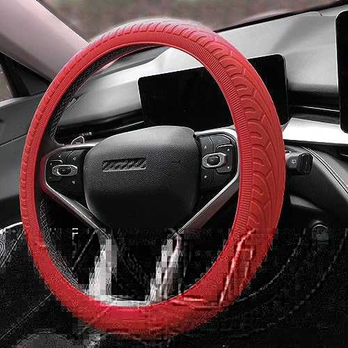 Universal Steering Wheel Cover：13.5 to 15 Inches Stretchable Silicone Anti Skid Steering Wheel Protector Fit for Most Car Models Including Round D Shape or Special Shape (Red)