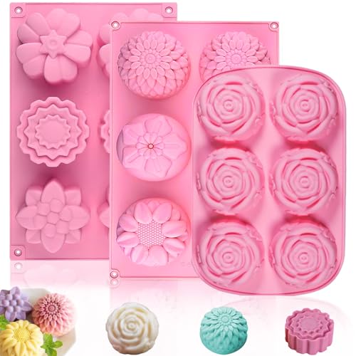 3 Pack Silicone Soap Molds,Flowers Soap Mold for Soap Making,Great for Handmade Soaps,Lotion Bars,Biscuit,Chocolate,Moon Cake