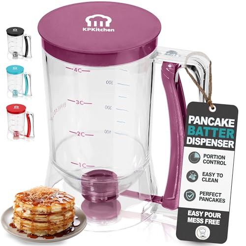Pancake Batter Dispenser - Kitchen Must Have Tool for Perfect Pancakes, Cupcake, Waffle, Muffin Mix, Cake & Crepe - Easy Pour Baking Supplies for Griddle - Pancake Maker with Measuring Label (Purple)