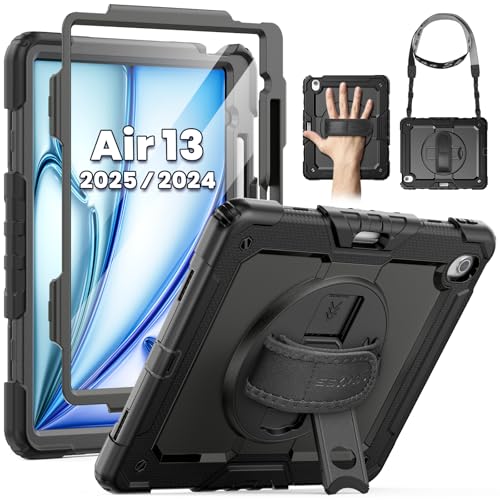 SEYMAC for iPad Air 13 Inch Case M3 2025/ M2 2024, Heavy Duty Shockproof Protective Case with Screen Protector, 360° Rotating Stand, Hand/Shoulder Strap and Pen Holder for iPad Air 13, Black