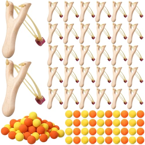 Vertintong 36 Pcs Wooden Slingshot Toys with 100 Pcs Foam Balls Wood Hunting Slingshot with Rubber Band Fun Shooting Catapult Game for Adults Outdoor Sports Camping Hiking