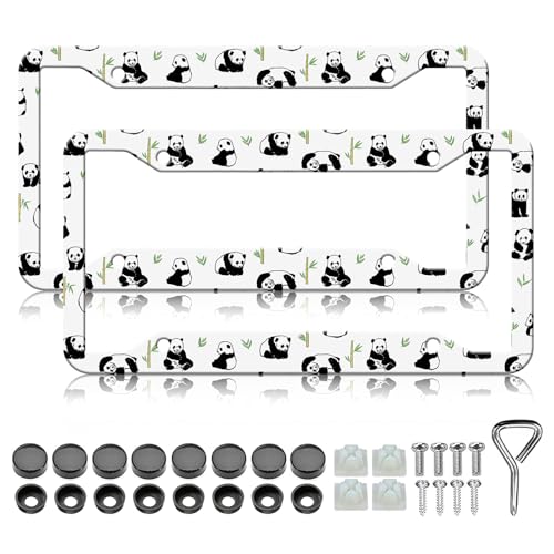 HCSS 2PCS Cute Panda License Plate Frames,Panda Bamboo Aluminum Metal License Plate Holder Covers Car Accessory,Rust-Proof Waterproof Car Decorative Tag Frames for Standard US 12x6 Inch