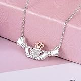 MONBO Irish Claddagh Necklace for Women Sterling Silver Crystal Celtic Claddagh Hands Holding Crown Love Heart Pendant Necklace