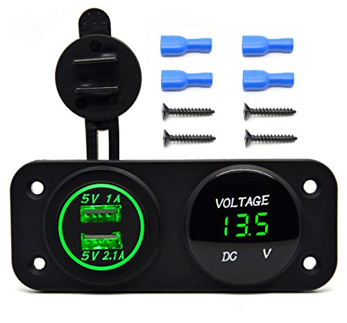 Cllena DC 12V - 24V LED Digital Voltmeter + Dual USB Outlet Power Socket Panel 2.1A/1A Charger for Car Boat Marine Rv Truck ATV Caravans Motorcycle Vehicles Mobile Phone (Green)