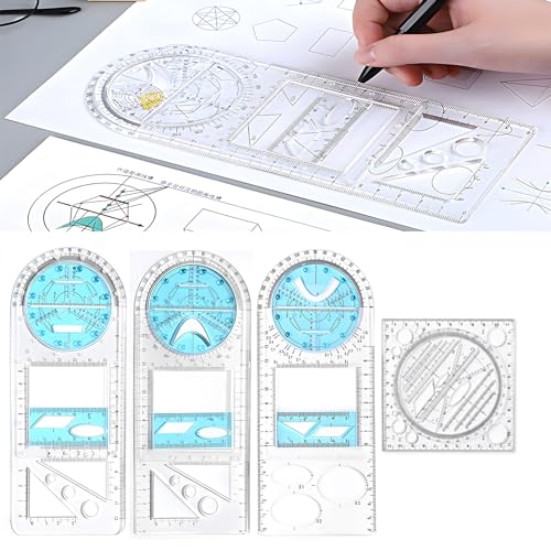 Zakrafo 4 Pcs Multifunctional Geometric Ruler,Math Measuring Rulers for Drawing and Art,Metric Ruler Drawing Tool for School Office Supplies and Build
