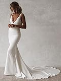 SHANDUAO Mermaid Backless Wedding Gowns for Bride Simple Boho Deep V-Neck Wedding Dress Spaghetti Straps Satin Evening Gown for Wedding White 8